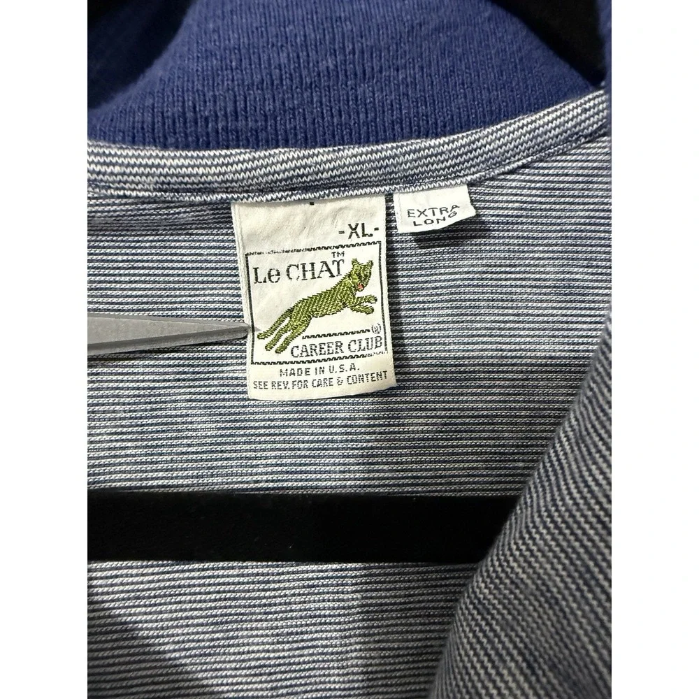 Vtg Men Polo Shirt XL Tall‎ Blue Striped Logo Le Chat USA 80s Preppy Old Money